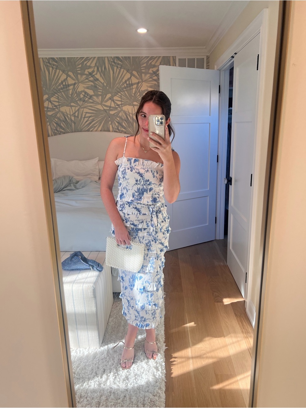 V. Chapman White and Blue Floral Tiered Midi Dress